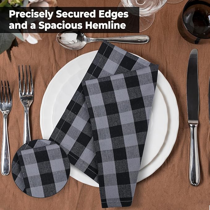 Urban Villa Cotton Dinner Napkins Set of 6, Highly Absorbent 20x20 Inches Premium Cloth Napkins Hotel Quality Reusable & Washable Table Dinner Napkins for Home & Weddings - Grey/Black, Checks