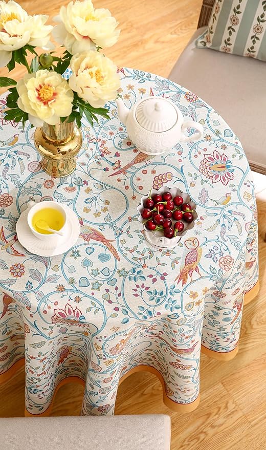 patdrea Designer Yellow French Round Tablecloth,Rustic Linen Floral Birds Table Cloth,Fall Decor Table Cover for Kitchen Dining Holiday Banquet,Christmas,Thanksgiving,Diameter 67"-Magnolia