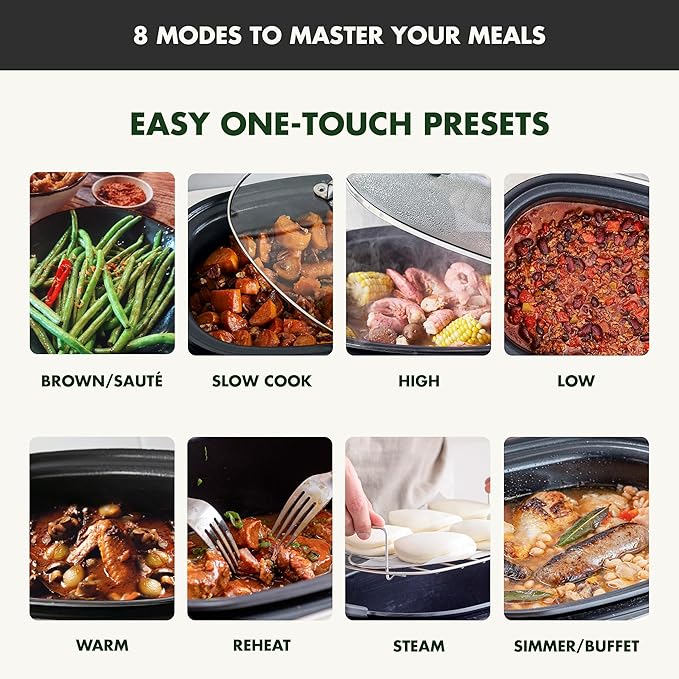 GreenPan Elite 8-in-1 Programmable 6QT Electric Slow Cooker, Dishwasher Safe Lid & Removable Crock, PFAS-Free Healthy Ceramic Nonstick Multi-Cooker, Sear, Sauté, Brown, Steam Basket, Roast, Gold