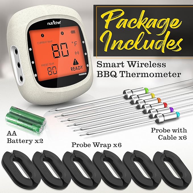 Nutrichef Bluetooth Meat Thermometer for Grilling and Smoking with 6 Wireless Meat Probes, 6 Channels with LCD Display