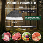 Mossy Oak Serbian Chef Knife, Meat Cleaver Knife with Genuine Leather Sheath, Hand Forged Heavy Duty Chopper Knife Full Tang Handle, Butcher Knife for Kitchen, Outdoor Cooking, Camping