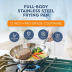 UNOX Stainless Steel Frying Pan 12 inches 3-ply Dishwasher Oven Safe up to 800°F -Crafted in Turkey