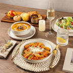 AmorArc Ceramic Dinnerware Sets for 4, 12 Pieces Handpainted Plates and Bowls Set with Rustic Terracotta Underside, Scratch Resistant Stoneware Dishes Set, Dishwasher & Microwave Safe, Beige