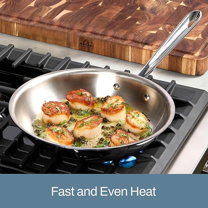 All-Clad D3 3-Ply Stainless Steel Fry Pan with Lid 10 Inch, Induction Compatible, Oven Broiler Safe 600F, Fast and Even Heat, Pots and Pans, Cooking Skillet Cookware, Stainless Steel
