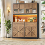FINETONES 71" Pantry Cabinet with LED Light and Charging Station, Farmhouse Kitchen Pantry Cabinet with Microwave Stand, 47.2" Wide Kitchen Hutch Food Pantry with Open Countertop, Black/Brown