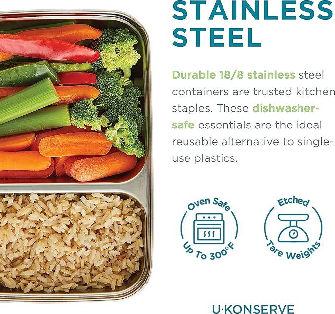 U Konserve Stainless Steel Rectangle Food Storage Bento Box Container, Leak Proof Silicone Lid Dishwasher Safe - Plastic Free