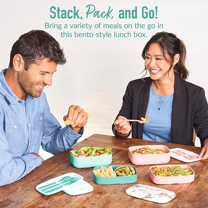 Bentgo Classic - Adult Bento Box, Stackable 3-Compartment Lunch Box with Removable Utensil Set and Sealing Strap, BPA-Free, Food Container Ideal for Meal Prep, Work, and On the Go (Coastal Aqua)