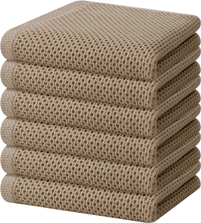 Homaxy 100% Cotton Waffle Weave Kitchen Dish Towels, Ultra Soft Absorbent Quick Drying Cleaning Towel, 13 x 28 Inches, 6-Pack, Tan