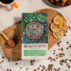 Bones Coffee Company Breakfast Blend, Chocolate, Honey and Dried Fruit Notes, Unflavored Coffee, Medium Roast Low Acid Arabica Beans Compatible with Auto drip and French Press Coffee Maker, 12 Oz Whole Bean
