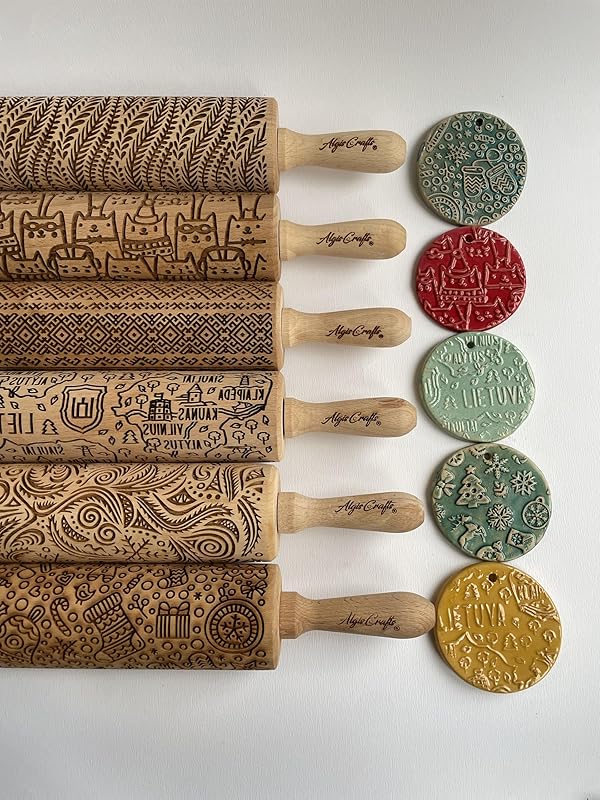 LOTUS embossing rolling pin with Lotus flower Pattern. Dough roller for embossed cookies and Pottery by Algis Crafts