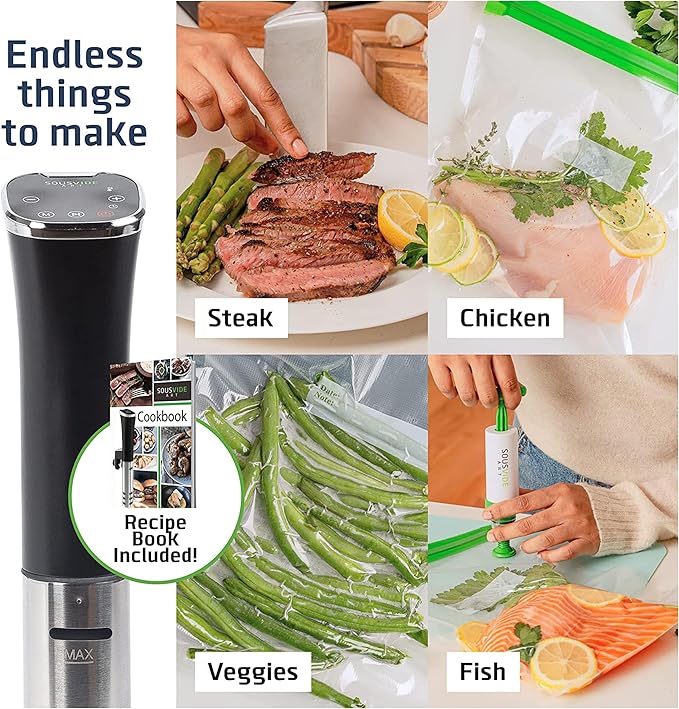 SOUSVIDE ART Sous Vide Immersion Cooker Kit - Machine with Digital Timer, Temp Control, 30 Bags, Vacuum Pump, Suvee Cooker Gift for Chefs