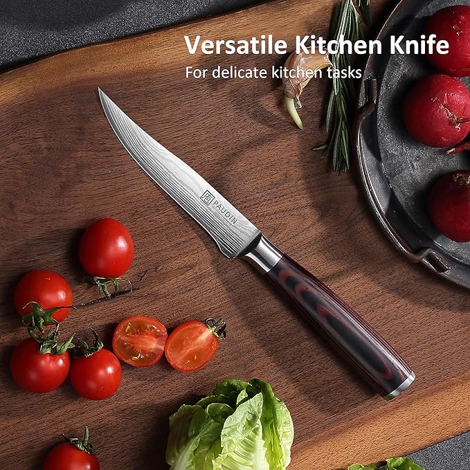 PAUDIN Utility Knife 5 Inch Kitchen Knife, Ultra Sharp High Carbon Stainless Steel Small Chef Knife with Sheath, Kitchen Utility Knife with Ergonomic Pakkawood Handle