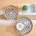 Round Rattan Tray with Mother of Pearl Inlay, Rattan Serving Tray with Wooden Base, Decorative Wicker Basket for Table Decor, Storage and Display of Coffee Bread Food Fruit (Plume 13.5")