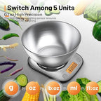 Food Kitchen Scale Digital Weight Grams and Oz with IPX6 Waterproof，Professional Stainless Steel Digital Kitchen Food Scale 11lb/0.01oz with Bowl for Weight Loss Dieting Baking Cooking