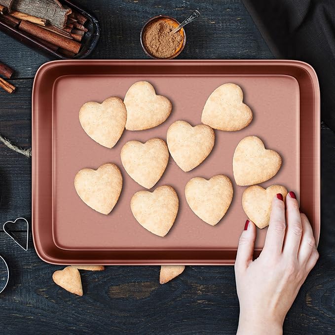 NutriChef 2-Piece Nonstick Cookie Sheets for Baking - Premium Medium & Large Size Baking Sheet Set - Thick Carbon Steel Bakeware Trays - Dishwasher Safe, Rose Gold