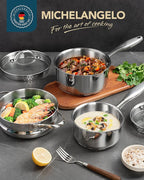 MICHELANGELO Stainless Steel Sauce Pot Set with Steamer 5Pcs, 18/10 Saucepan Set with Pour Spout & Strainer Glass Lids, Sauce pan with Triply Bottom Induction Compatible - 1QT & 2QT