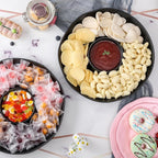 Chip & Dip Serving Set, 2 PCS Divided Cheeses Serving Platter, Relish Tray, Round Compartment Appetizer Set for Chips and Dip, Veggies, Candy and Snacks, Black, Set of 2
