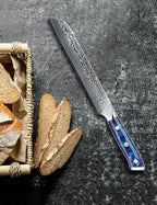 8” Bread Knife Serrated Kitchen Chef Knife- Damascus Steel & Resin Handle - Xuan Series (Sapphire Blue)