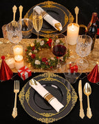 Nervure 350PCS Black Plastic Plates - Black Plastic Dinnerware Sets for 50 Guests - 100 Disposable Plates, 150 Gold Silverware, 50 Cups, 50 Napkins for Wedding & Party & Halloween
