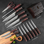 Sunnecko Knife Set with Block and Sharpener, 15 PCS Kitchen Knife Block Set Sharp Kitchen Knives High Carbon Stainless Steel with Pakkawood Handles