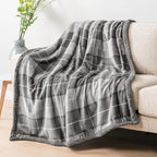 PAVILIA Light Grey Plaid Sherpa Throw Blanket for Couch, Plush Flannel Fleece, Soft Fuzzy Cabin for Sofa Bed, Warm Cozy Winter Gift, 50x60
