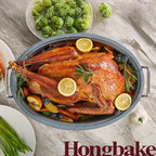 HONGBAKE 18 Inch Turkey Roasting Pan with Rack and Lid – Large Gray Carbon Steel Roaster Pan for 20 lb Turkey, Oven Safe Baking Pan for Holiday Meals & Thanksgiving