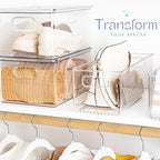 Plastic Food Storage 2 Pack Clear Container Bin with Handles for Organizing Kitchen, Pantry, Refrigerator, Freezer, Pantry, Cabinet, Closet, Bathroom. 16”x6”x5”