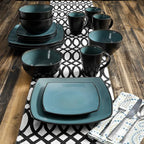 Gibson Elite Soho Lounge 16-Piece Reactive Glaze Dinnerware Set, Teal/Black Two-Tone