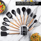 Country Kitchen Non Stick Silicone Utensil Set with Rounded Wood Handles for Cooking and Baking, 14 Piece Set, Black