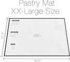 XX-Large Silicone Pastry Mat 33.5 x 22.5 in nonstick surface with inch and cm guides, concentric circles, conversion charts, BPA free, heat safe to 450°F, dishwasher safe