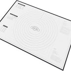 XX-Large Silicone Pastry Mat 33.5 x 22.5 in nonstick surface with inch and cm guides, concentric circles, conversion charts, BPA free, heat safe to 450°F, dishwasher safe