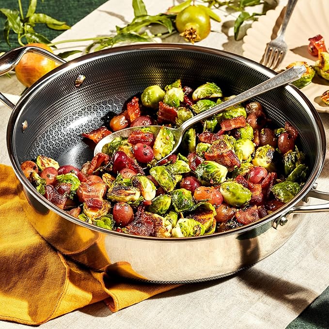 HexClad Hybrid Nonstick 4.5-Quart Deep Sauté Pan with Tempered Glass Lid, Stay-Cool Handle, Dishwasher-Friendly, Oven-Safe Up to 900°F, Induction Ready, Compatible with All Cooktops
